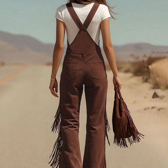 Brown Elegant Women's Tassel Button Back Wide Leg Pants - Picture 2 of 4